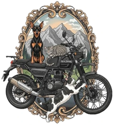 Illustration of a Royal Enfield Himalayan motorcycle with Tamma&rsquo;s pets and a mountain backdrop